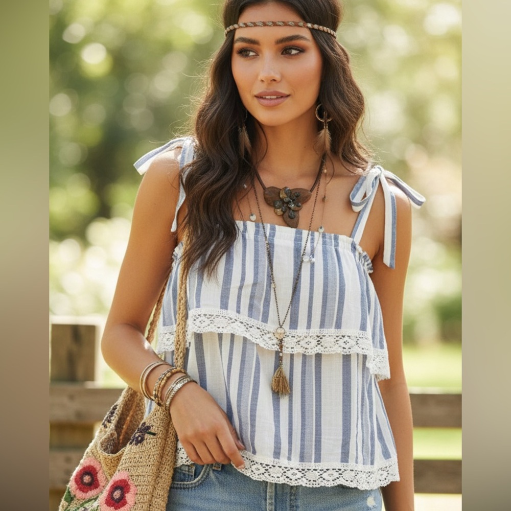 Lost + Wander L tiered tie strap babydoll lace boho striped top cruise vacation